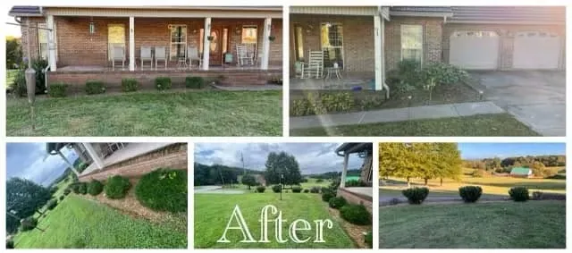 The same brick-wall property after hedge trimming, mowing, and cleanup — East Tennessee