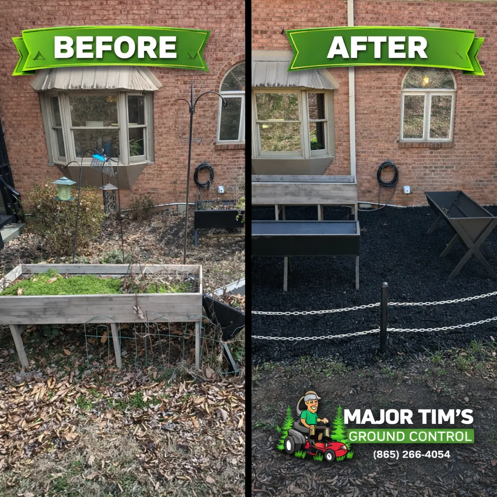 Before and after rubber mulch bed refresh around a home's foundation