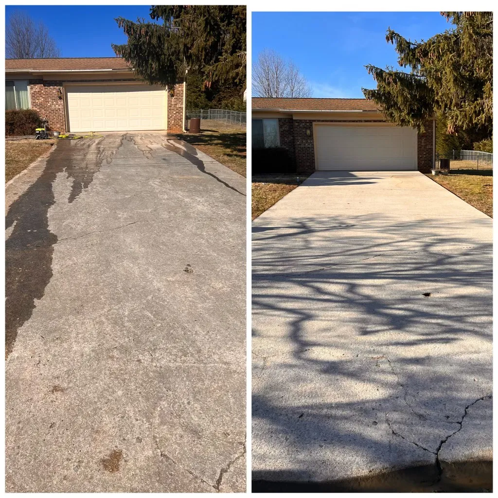 Before and after pressure washing a stained concrete driveway