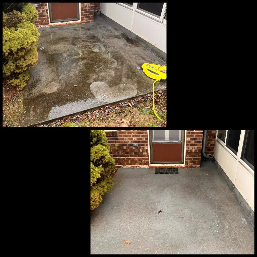 Before and after pressure washing a concrete patio