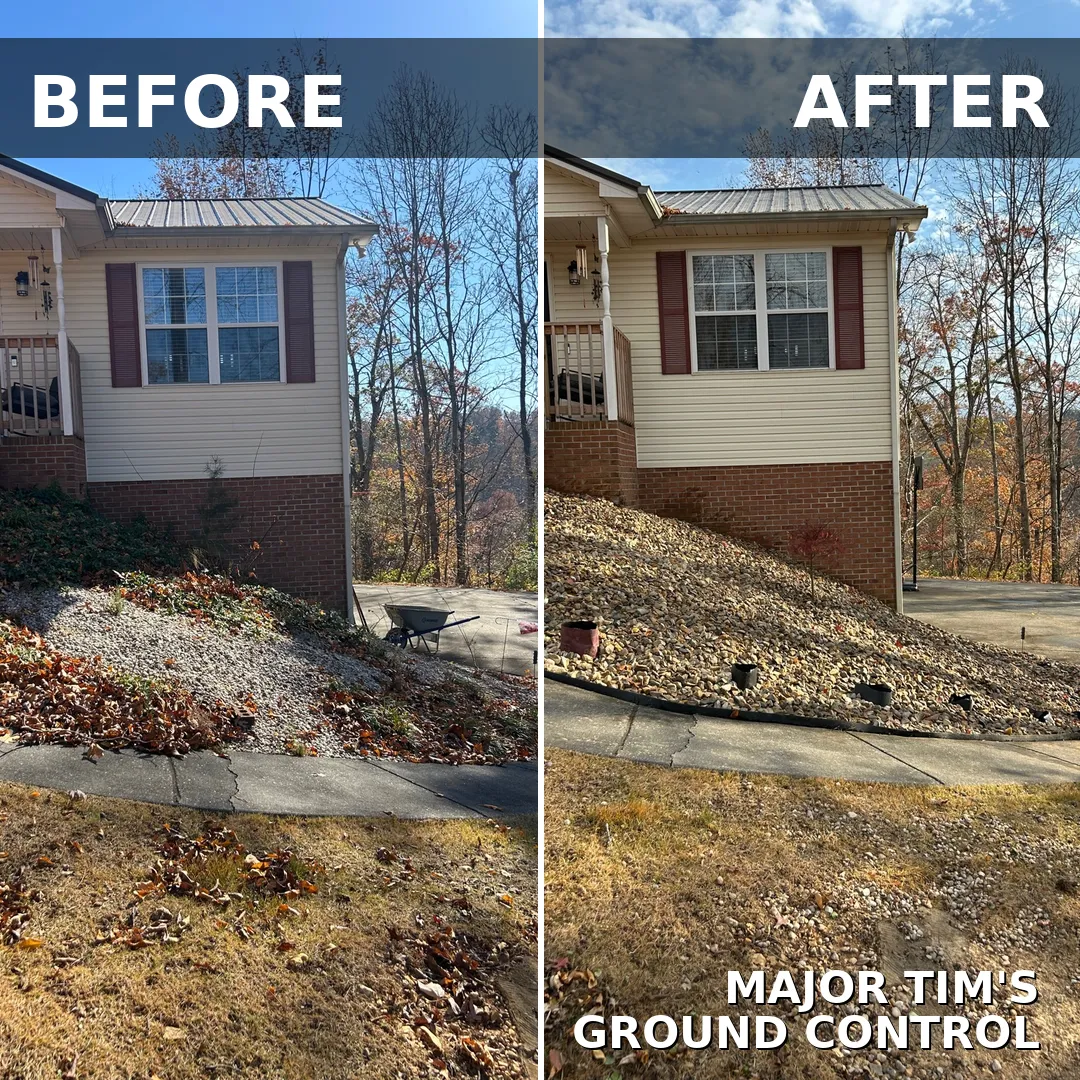 Before and after rock drainage bed built into a sloped front yard