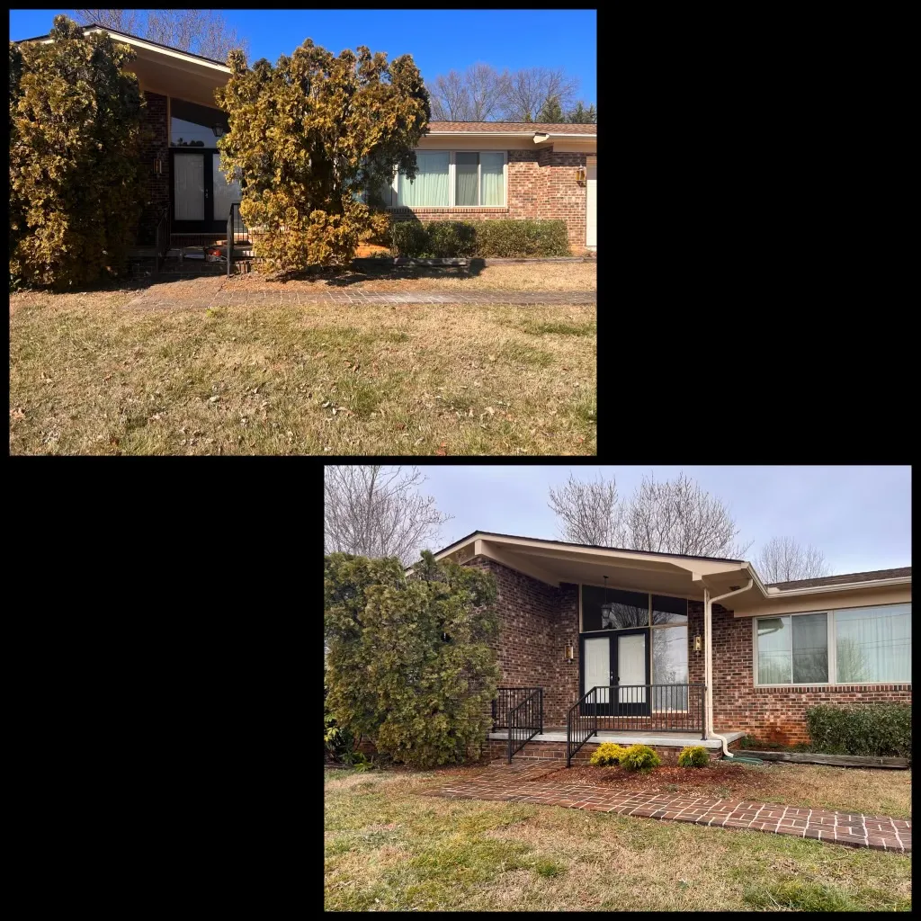 Before and after shrub trimming and brick walkway cleanup