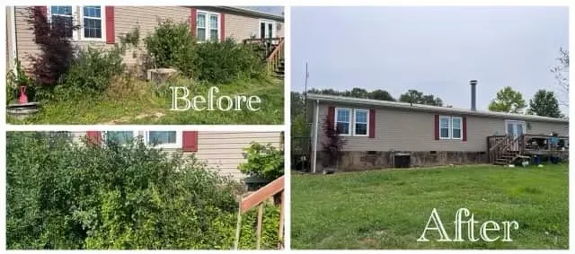 Before and after clearing overgrown beds and restoring the lawn around a home — East Tennessee